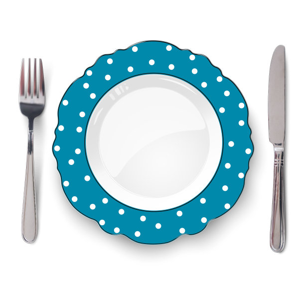 空矢量蓝色盘子与图形边缘和白色圆点图案在白色背景和刀叉孤立。从上方特写。图片下载