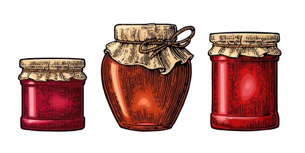 各种果酱玻璃罐和包装纸。向量的雕刻图片下载
