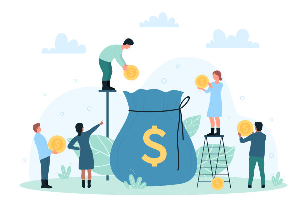 财务帐目，收入增长和预算，小人把钱扔进打开的袋子里图片下载