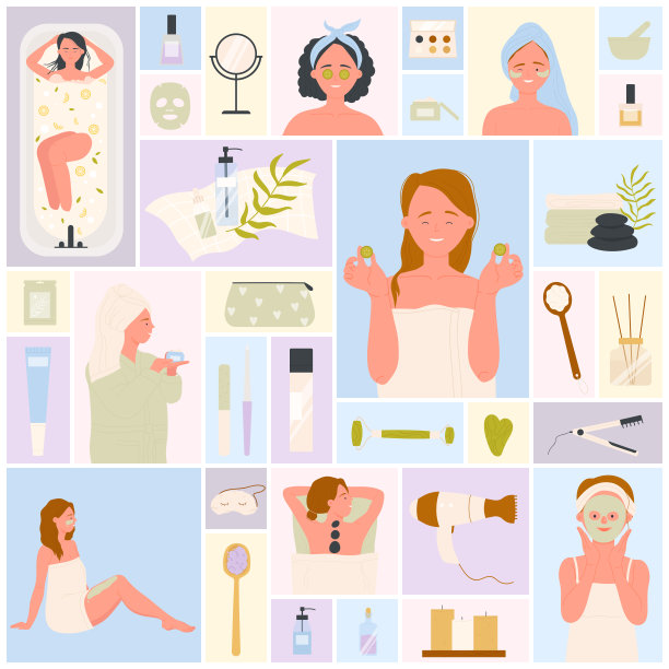 美容护肤、卫生少女套装，年轻女子在沐浴时用泡沫、保湿面膜图片下载