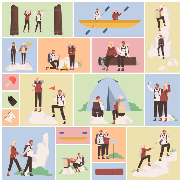 迷路游客的冒险设置，人物徒步旅行，男人和女人的旅行者攀登图片下载