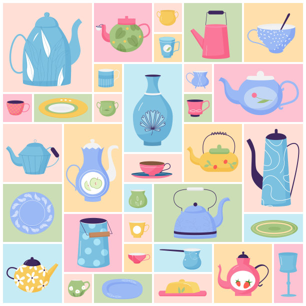 复古可爱的餐具，下午茶时间，家庭或咖啡馆的餐具收藏图片下载