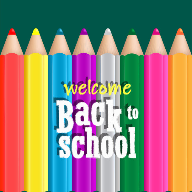欢迎回到校园海报，彩色铅笔在绿色的背景。平面设计。图片下载