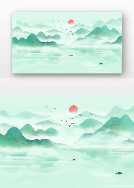 水墨风景孤舟落日画图片下载