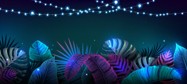 夏季背景与电子现代灯具和荧光热带树叶。自然的概念。矢量图图片下载