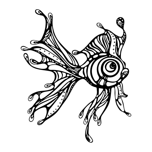 鱼着色书成人矢量插图。Zentangle风格的抗应力着色页面。黑白线条。图片下载