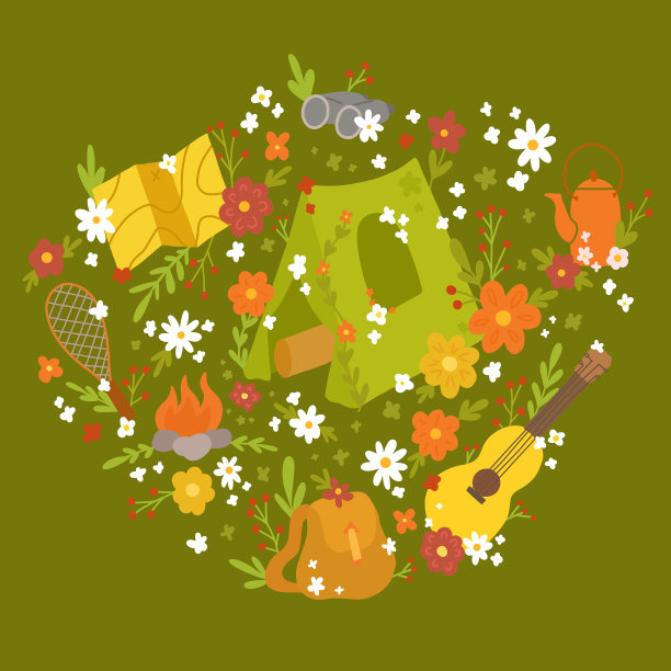 一套旅游营地在绿色背景明亮图片下载