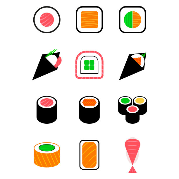 寿司的图标集。不同类型的寿司卷孤立在白底。日本传统食品在平面设计。模板菜单寿司吧，餐厅，网站。矢量图图片下载