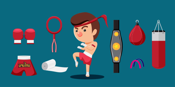 年轻的拳击手与拳击训练设备卡通向量图片下载