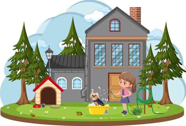 女孩在卡通房子前给她的狗洗澡图片下载