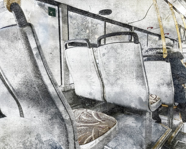 城市公交内饰，公共交通概念。成年女性乘坐公共汽车，坐在后面面向前方。数字水彩画。帆布质地图片下载