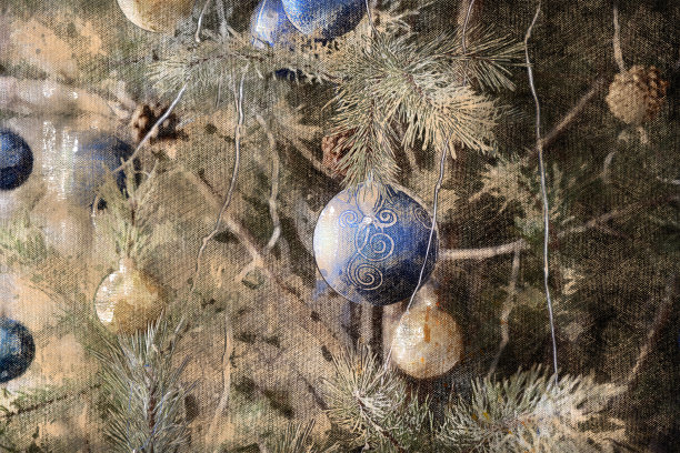 圣诞树。蓝色和金色的圣诞球悬挂在树枝上。数字水彩画。帆布质地图片下载