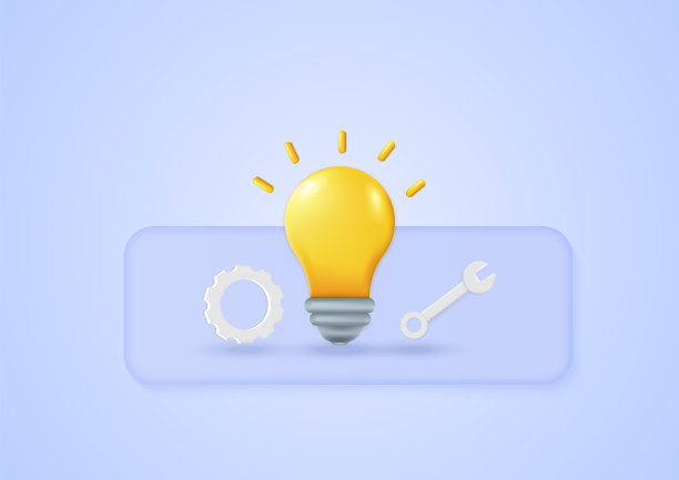 灯泡显示想法齿轮在浅蓝色粉彩背景。金融、投资、网购。最小的卡通图标。图片下载