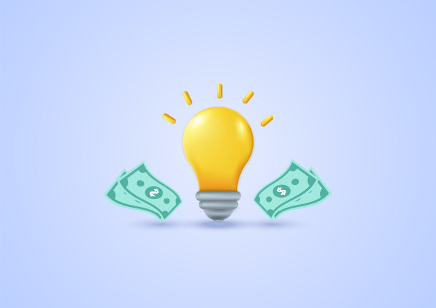 灯泡显示想法赚钱3D美元纸币浅蓝色粉彩背景。金融、投资、网购。最小的卡通图标。图片下载