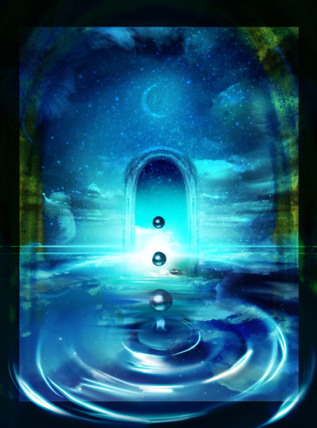 神秘的水滴在一个奇妙的背景下荡漾，一个闪亮的新月，星星和一个美丽的夜空反射在水面上，一个神秘的门漂浮在屏幕的中心。图片下载