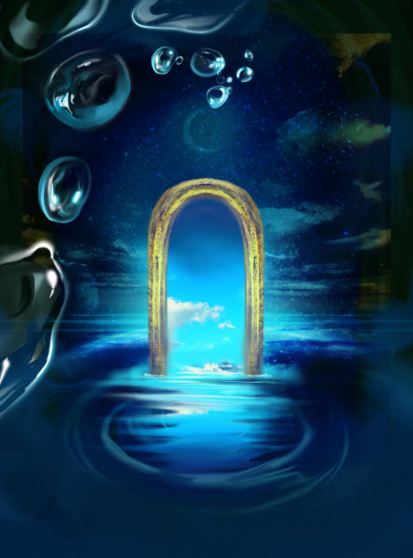 闪亮的新月、星星和漂浮在水面上的云海的插图，水珠在一个奇妙的背景上荡漾，在它的中心漂浮着一个神秘的门。图片下载