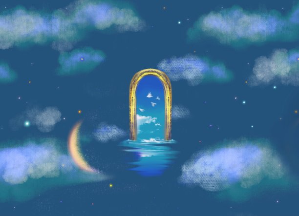 美丽的蓝天风景插图背后的神秘的窗口浮动在宇宙与一个闪光的新月，星星和云海。图片下载