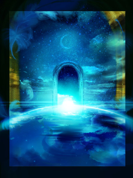在梦幻的夜空中，星星和云彩在水面上反射和荡漾，一个带着神秘蓝色光芒的拱形门漂浮在它的中心，天使的翅膀在插画中翩翩起舞。图片下载