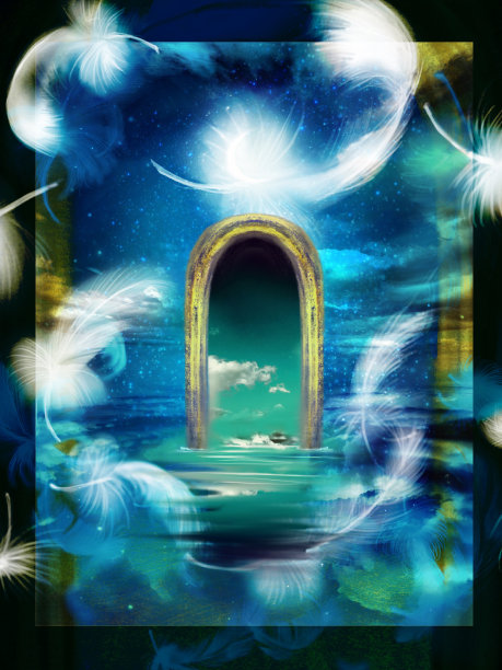 在梦幻般的夜空背景下，星星和云彩在水面上反射和荡漾，一个神秘的金门漂浮在插图的中心，白色的羽毛翩然飘落。图片下载