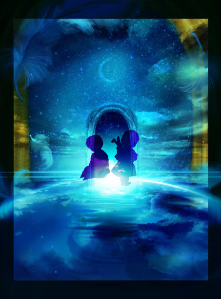 这幅已故儿童的剪影图站在屏幕中央一个神秘的大门前，背景是一个奇妙的新月，照耀着水面，星星和美丽的夜空。图片下载