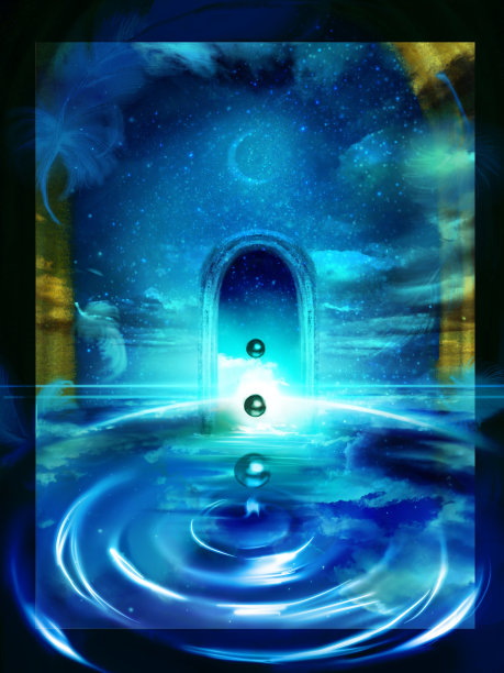 闪亮的新月、星星和漂浮在水面上的云海的插图，水珠在一个奇妙的背景上荡漾，在它的中心漂浮着一个神秘的门。图片下载