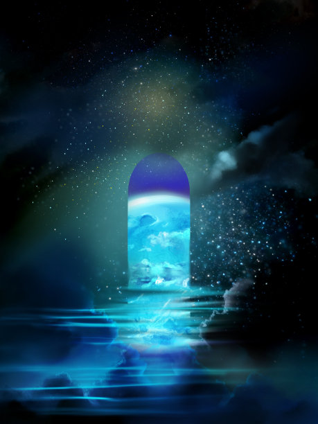 一弯新月在奇异的背景下闪闪发光，星星，漂浮的云海在水面上反射和荡漾，还有一个神秘的门漂浮在水面上。图片下载