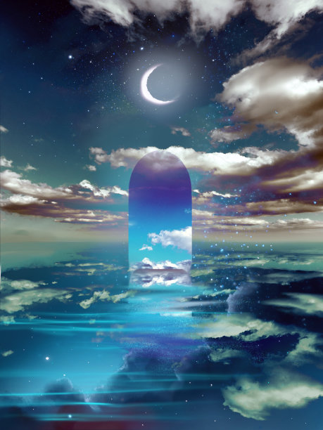 一弯新月在奇异的背景下闪闪发光，星星，漂浮的云海在水面上反射和荡漾，还有一个神秘的门漂浮在水面上。图片下载