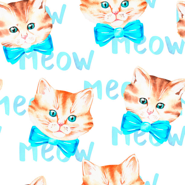 小猫与弓。无缝模式。水彩插图。孤立在白色背景上。图片下载