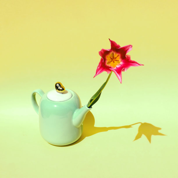 薄荷茶壶和粉红色郁金香图片下载