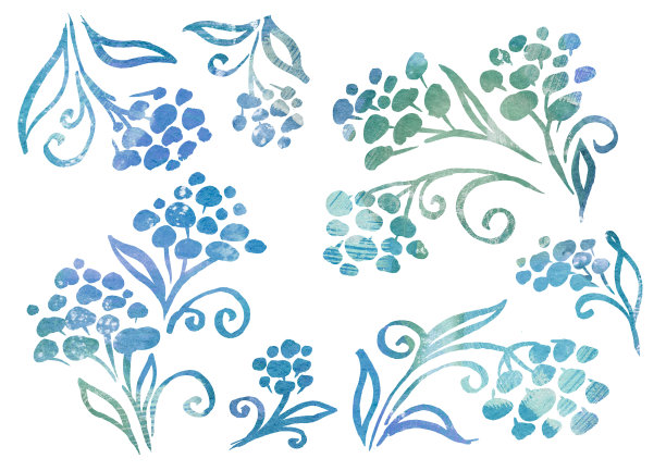 花卉水彩画在白色背景上的线条艺术风格的花卉元素。秋绿，绿松石和蓝色的花图片下载