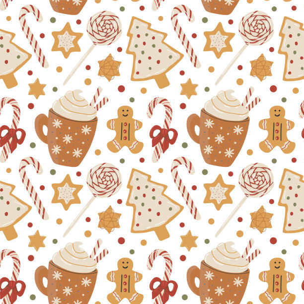矢量无缝模式与圣诞马克杯，圣诞糕点和圣诞糖果。圣诞节。彩色图像。该印花用于墙纸设计、织物、纺织、包装。图片下载