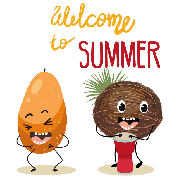 矢量插画人物，卡通搞笑木瓜，椰子，打民族鼓，刻字“欢迎来到夏天”。夏日心情，有趣水果，有机。孩子的概念。图片下载