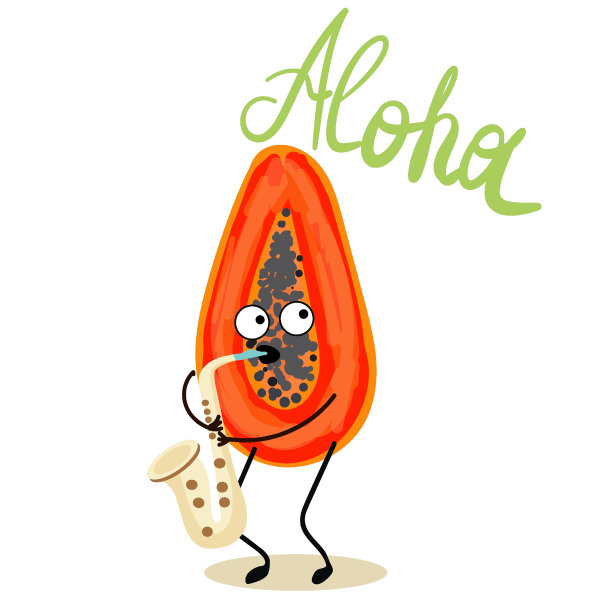 矢量插画人物，卡通搞笑香蕉，穿着红色裙子和帽子，写着阿罗哈字。夏日心情，有趣水果，有机。婴儿的概念。夏季印花设计。图片下载