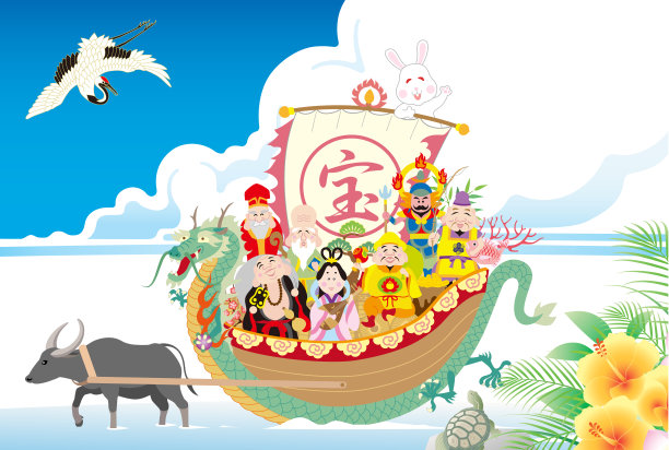沙滩上的宝船上的七位幸运神图片下载