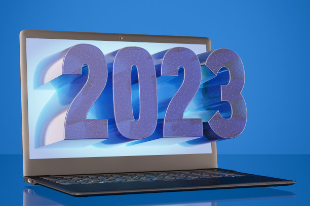 3D 2023笔记本电脑屏幕。新年的概念图片下载