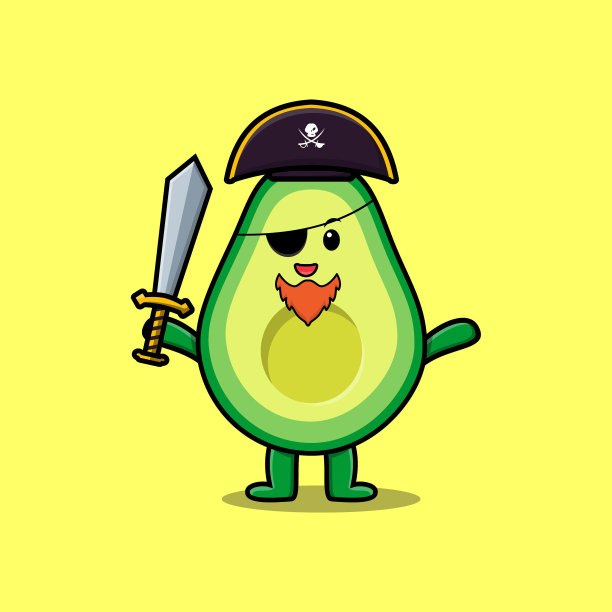 可爱的卡通鳄梨海盗，帽子和剑图片下载