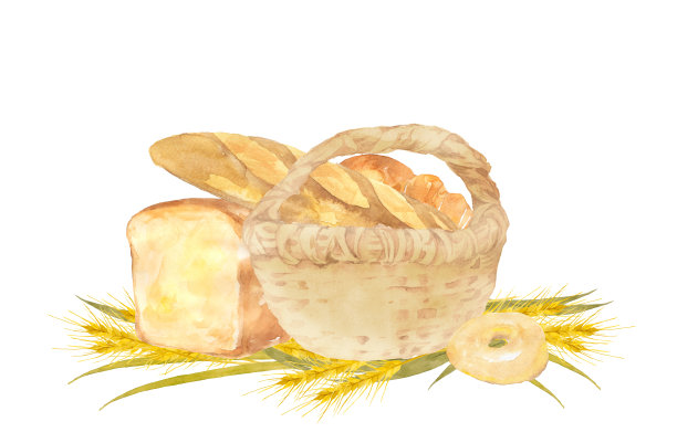 水彩面包和小麦篮子图片下载