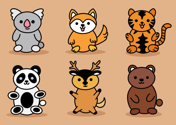 可爱的动物设置考拉鹿熊老虎狗熊猫图片下载