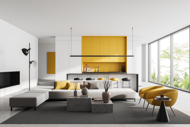 明亮的厨房内部配有沙发和吧台椅，全景窗图片下载