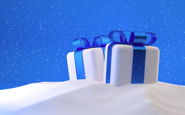 礼品盒里放着雪花，可爱的圆形礼品盒以蓝色为背景，配以白色和蓝色。庆祝概念与飘落的雪花。三维渲染图片下载