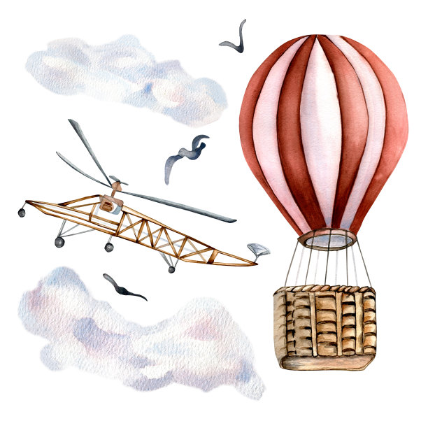 复古的热气球和直升机水彩插图孤立图片下载
