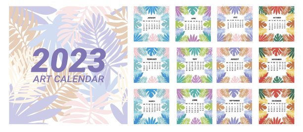 2023年日历。模板与异国热带的叶子。矢量插图与棕榈，monstera和香蕉叶。方格式。图片下载