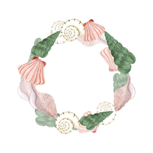 手绘水彩贝壳花环在白色背景。剪贴簿设计元素。印刷海报，婚礼邀请，明信片，标签，横幅设计。图片下载