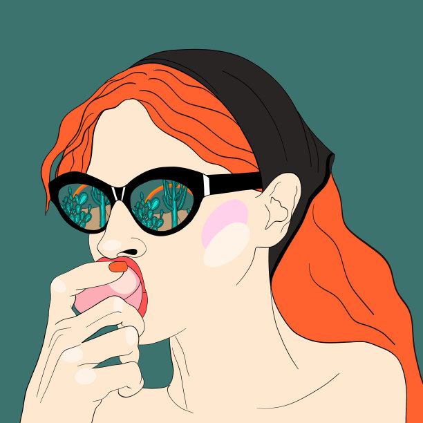 红头发的女孩戴着黑色的帽子和墨镜图片下载