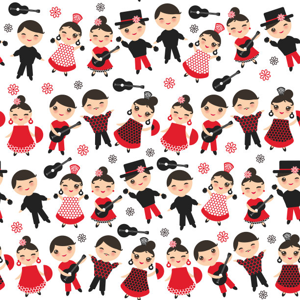 无缝图案西班牙弗拉门戈舞者卡哇伊图片下载