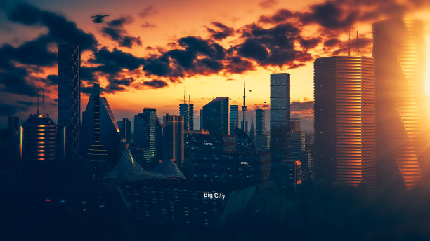 未来城市的概念。广角镜头的数字生成现代都市大都市与创意摩天大楼与银行，办公室，酒店，自动飞行器和完美的多云天空和日落。图片下载