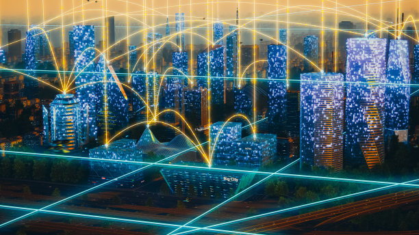 未来城市的概念。数码生成的现代大都市在日落与渲染摩天大楼显示全球大数据连接，信息流，人工智能技术的广角镜头图片下载