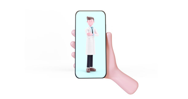 3d手持卡通智能手机与医生视频通话。图片下载