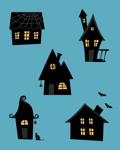 万圣节的房子。房子的黑色剪影图片下载