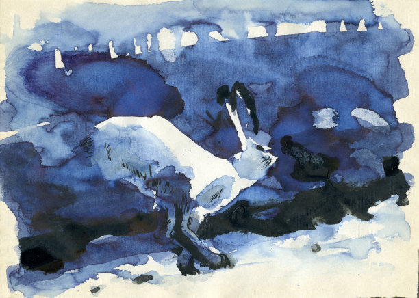 野兔。水彩插图。野兔在冬天的田野里。兔子跑。图片下载